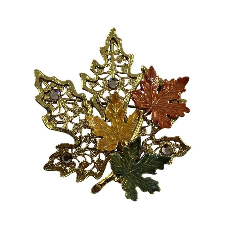 KC Vintage Leaf Pin‎ Brooch Autumn Fall Multi-Color Enamel Gold Tone Signed